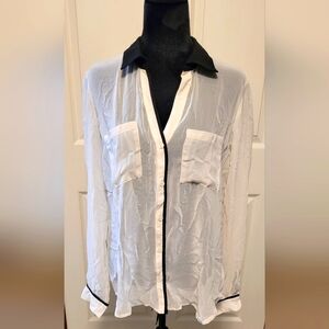 🔥2For$20 Women's Cream & Black Trimed Sheer Long Sleeve Blouse Size Large NEW